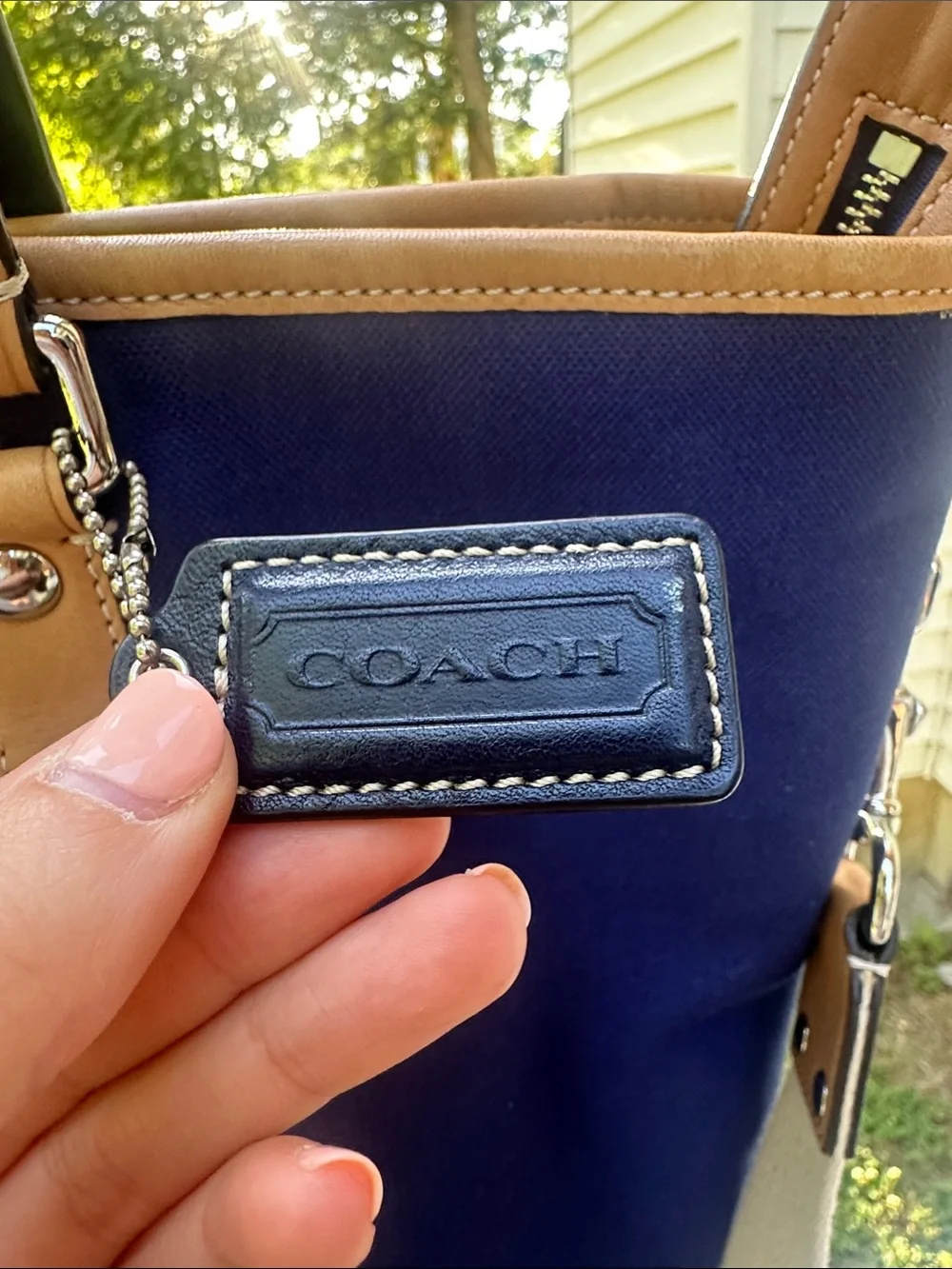 Coach Voyage Blue Canvas Tote Bag Tan Leather Handle Shoulder Bag Lined F77125